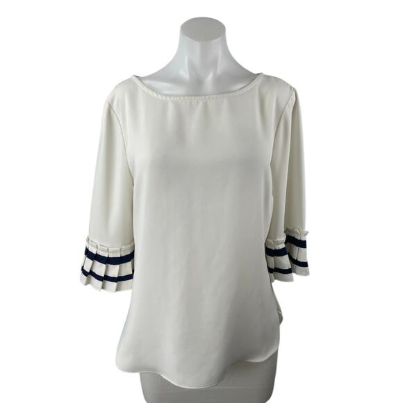 Ann Taylor White Black Half Sleeve Pleated Stripe Boat Neck Blouse Top Size M - Picture 1 of 5